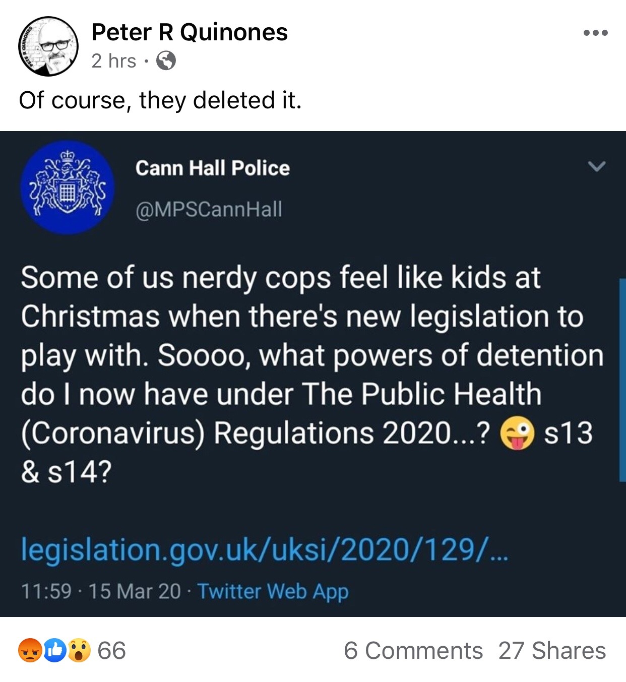 online advertising - Peter R Quinones 2 hrs Of course, they deleted it. Cann Hall Police Pt Some of us nerdy cops feel kids at Christmas when there's new legislation to play with. Soooo, what powers of detention do I now have under The Public Health Coron