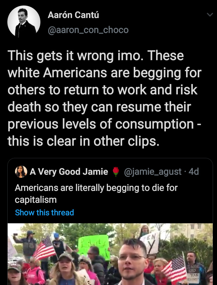 lyrics - Aarn Cant This gets it wrong imo. These white Americans are begging for others to return to work and risk death so they can resume their previous levels of consumption this is clear in other clips. A Very Good Jamie 4d Americans are literally beg