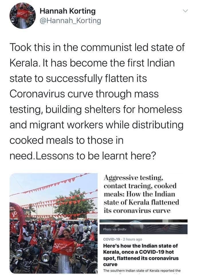 media - Hannah Korting Took this in the communist led state of Kerala. It has become the first Indian state to successfully flatten its Coronavirus curve through mass testing, building shelters for homeless and migrant workers while distributing cooked me