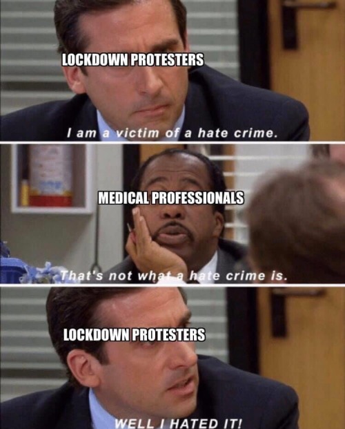 have been the victim of a hate crime - Lockdown Protesters I am a victim of a hate crime, Medical Professionals That's not what a hate crime is, Lockdown Protesters Well I Hated It!