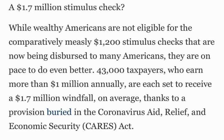 topics in anatomy and physiology - A $1.7 million stimulus check? While wealthy Americans are not eligible for the comparatively measly $1,200 stimulus checks that are now being disbursed to many Americans, they are on pace to do even better. 43,000 taxpa