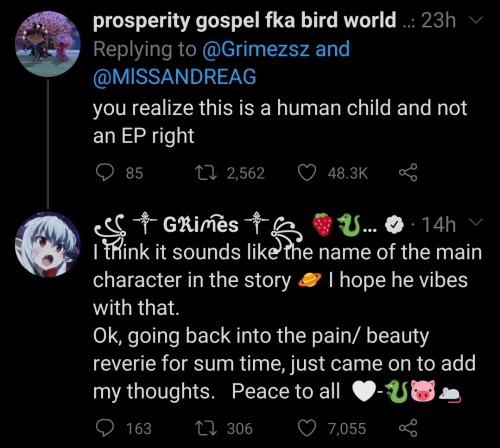 screenshot - prosperity gospel fka bird world.. 23h and you realize this is a human child and not an Ep right O 85 27 2,562 & Ss Grimes Is U... . 14h v I think it sounds the name of the main character in the story @ I hope he vibes with that. Ok, going ba