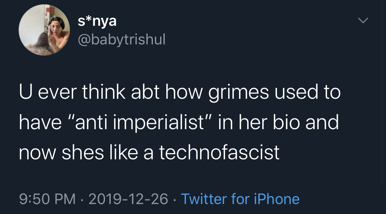 give all my problems to god let him handle all my enemies - snya U ever think abt how grimes used to have "anti imperialist" in her bio and now shes a technofascist Twitter for iPhone