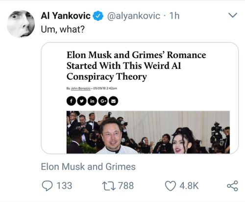 1h Al Yankovic Um, what? Elon Musk and Grimes' Romance Started With This Weird Al Conspiracy Theory By John Bonazzo. 050918 pm Elon Musk and Grimes 133 22788