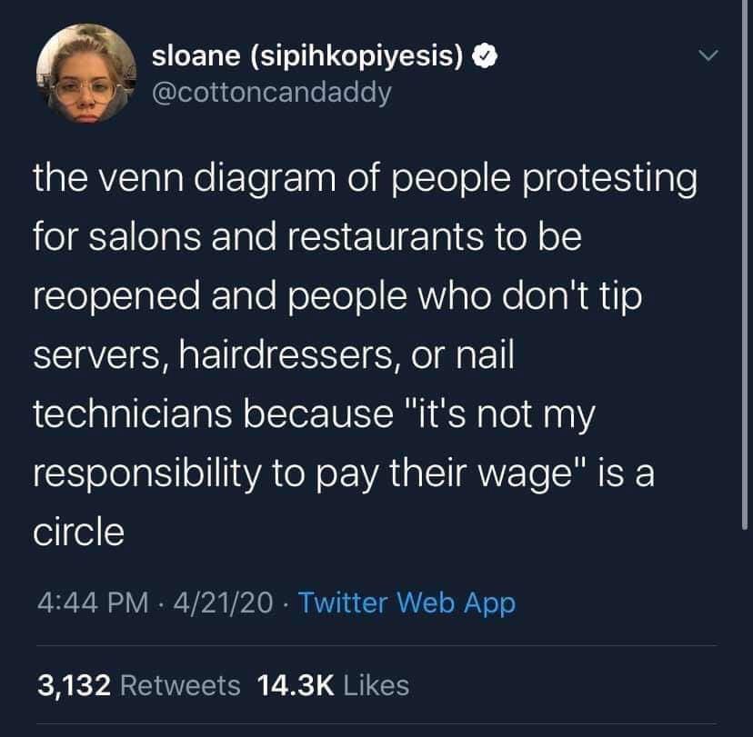 Venn diagram - sloane sipihkopiyesis the venn diagram of people protesting for salons and restaurants to be reopened and people who don't tip servers, hairdressers, or nail technicians because "it's not my responsibility to pay their wage" is a circle 421