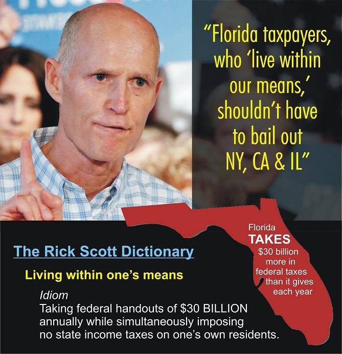 photo caption - "Florida taxpayers, who live within our means,' shouldn't have to bail out Ny, Ca & Il" Florida Takes The Rick Scott Dictionary $30 billion more in Living within one's means federal taxes than it gives Idiom each year Taking federal handou