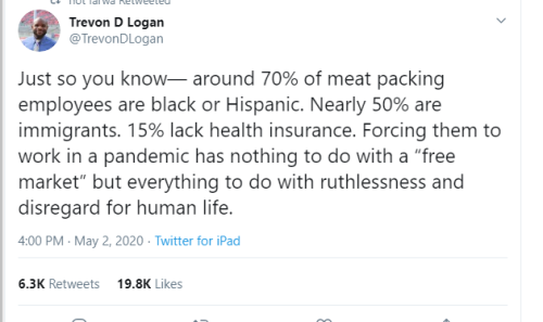 bernard robichaud cancer - Us Wel Wees Trevon D Logan Just so you know, around 70% of meat packing employees are black or Hispanic. Nearly 50% are immigrants. 15% lack health insurance. Forcing them to work in a pandemic has nothing to do with a "free mar