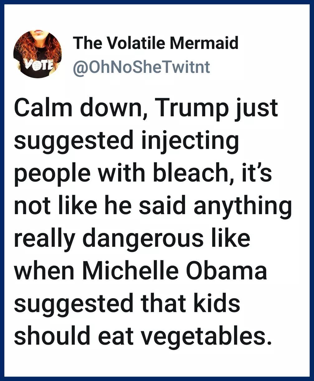 point - The Volatile Mermaid Vete Twitnt Calm down, Trump just suggested injecting people with bleach, it's not he said anything really dangerous when Michelle Obama suggested that kids should eat vegetables.