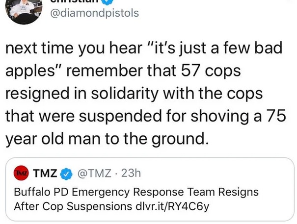 quotes - next time you hear "it's just a few bad apples" remember that 57 cops resigned in solidarity with the cops that were suspended for shoving a 75 year old man to the ground. Tm Tmz 23h Buffalo Pd Emergency Response Team Resigns After Cop Suspension
