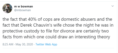 Jason Njoku - m w bowman the fact that 40% of cops are domestic abusers and the fact that Derek Chauvin's wife chose the night he was in protective custody to file for divorce are certainly two facts from which one could draw an interesting theory . Twitt