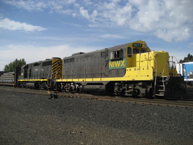 NIWX 1617 and WRIX 3507 not running prepare to leave Cheney WA on the Eastern Washington Gateway RR with 4 loads of steel for the Geiger spur.