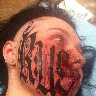 Just in time for Valentine’s Day... a woman lets her boyfriend tattoo his name across her face as a sign of true love. What’s the first word that comes to mind when you see this picture?