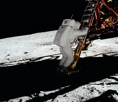 Aldrin is seen in the shadow of the lander, yet he is clearly visible. Hoax subscribers say that many shadows look strange in Apollo pictures. Some shadows don't appear to be parallel with each other, and some objects in shadow appear well lit, hinting that light was coming from multiple sourcesâ€”suspiciously like studio cameras. 