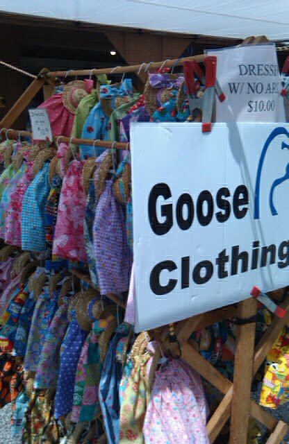 Vender at the flea market has some serious issues. Goose clothing? Seriously, WTF?