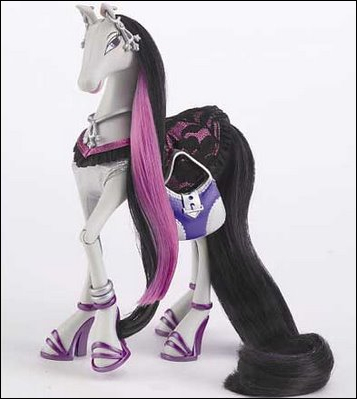 The manufacturers claim that "Struts," the My Little Pony-esque horses dressed up in 19th Century lingerie and stripper heels, "combine a little girl's love for horses with her love for fashion dolls."  To us, however, these things appear to be the product of a failed teleportation experiment where instead of Jeff Goldblum and a fly, they had Christina Aguilera and Sea Biscuit.