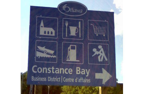 Vandals had their way with this city sign on the way to Constance Bay, Ontario, but Councillor says a city crew will soon have it sand-blasted back to its virgin state