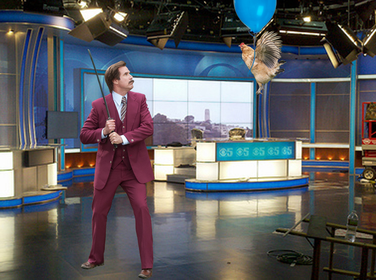 a chicken, suspended from a balloon, floated into the newsroom.