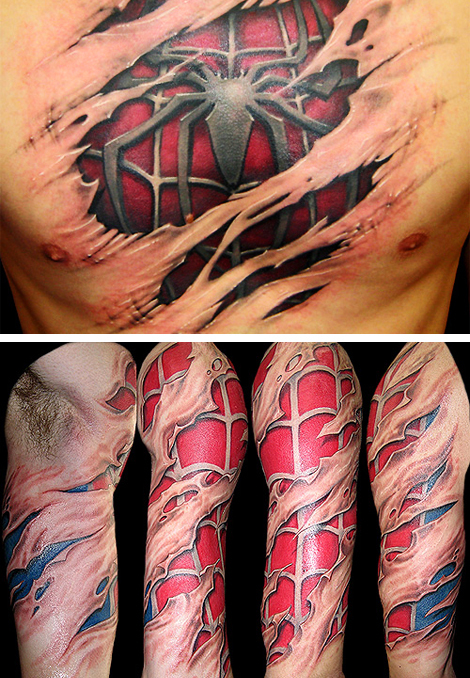 An awesome tattoo of the skin ripping away to reveal the Spiderman suit beneath it!