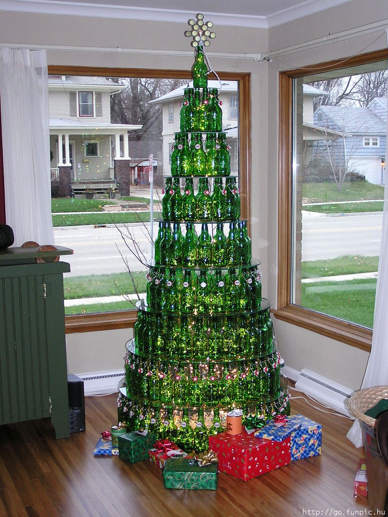 A Christmas tree made out of bottles