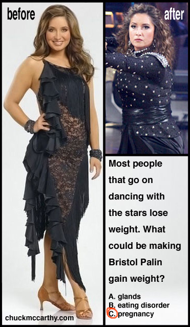 Everyone else that has gone on Dancing With The Stars has lost weight. Most of them can't shut up about how much weight they lost on the show. Yet... Bristol Palin has made it to the finals and looks heavier now than ever... Things that make you go hmmm.