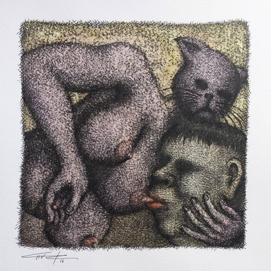 An Unlikely And Unknown Origin Story - 9"x9" - mixed media on watercolor paper.

You may have heard the tale of Romulus & Remus, but what of the tale of Russell, the Avis rental car clerk raised by a common house cat, suckling tamely at her teat till the tender age of twenty-six?