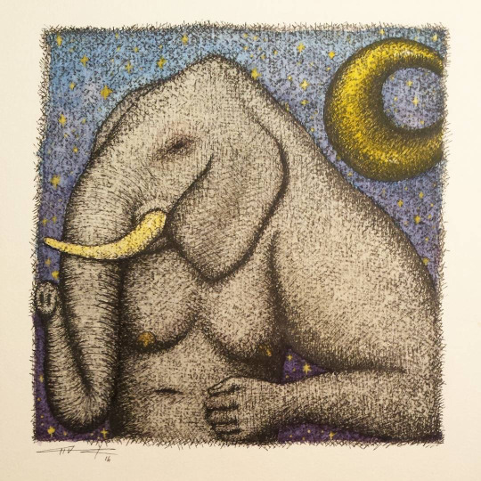 Night Tusk: The Revenge - 9"x9" - mixed media on watercolor paper