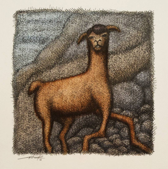 Emo Long Legged Llama - 9"x9" - mixed media on watercolor paper