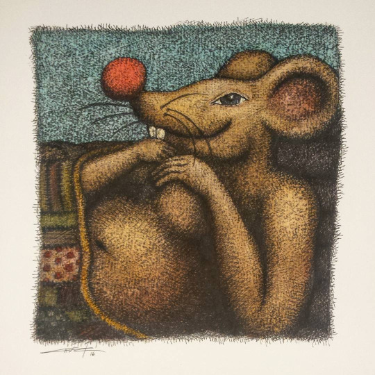 Snug Smug Rat - 9"x9" - Mixed media on watercolor paper