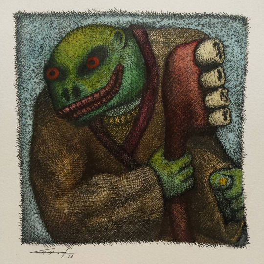 The Lizard Wizard And His Magical Tooth Brush - 9"x9" - mixed media on watercolor paper