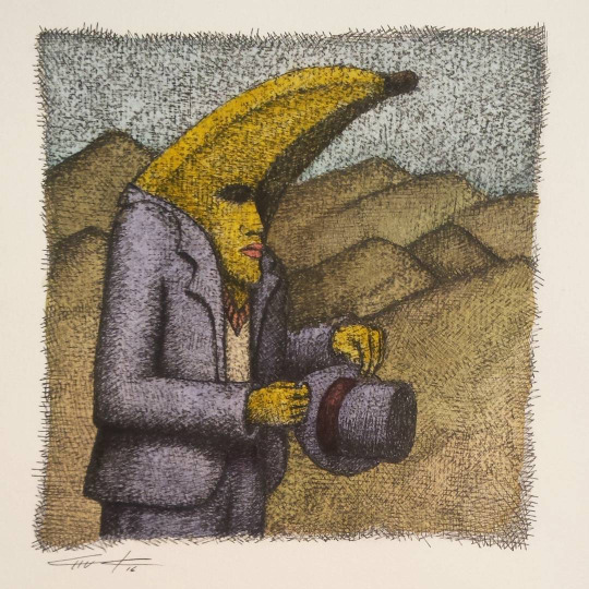 Banana Man With Hat In Hand - 9"x9" - mixed media on watercolor paper


Banana Man with hat in hand
walks the foothills of a strange, strange land. 
No friends, no fans, no strings or
plans, no planted plants or watering cans. 
Where will he go? 
What will he do? 
Maybe he can hang with you…?