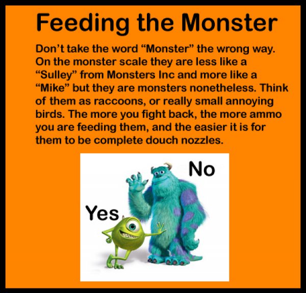 human behavior - Feeding the Monster Don't take the word "Monster" the wrong way. On the monster scale they are less a Sulley" from Monsters Inc and more a "Mike" but they are monsters nonetheless. Think of them as raccoons, or really small annoying birds