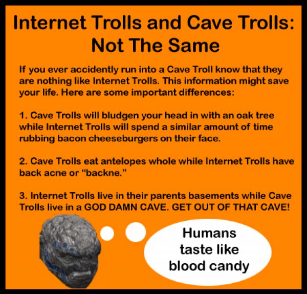 point - Internet Trolls and Cave Trolls Not The Same If you ever accidently run into a Cave Troll know that they are nothing Internet Trolls. This information might save your life. Here are some important differences 1. Cave Trolls will bludgen your head 