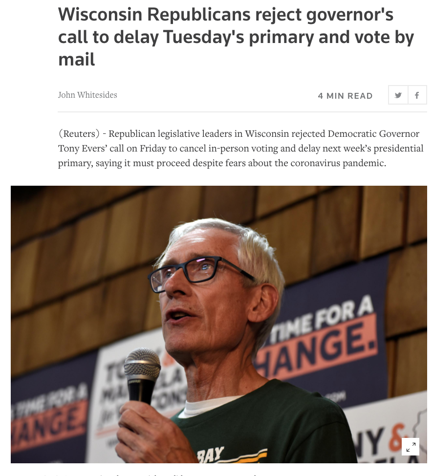 Polling locations in Milwaukee fall from 180 to 5 for a population of 600,000.  https://www.reuters.com/article/us-health-coronavirus-election-wisconsin/wisconsin-republicans-reject-governors-call-to-delay-tuesdays-primary-and-vote-by-mail-idUSKBN21L2ZX