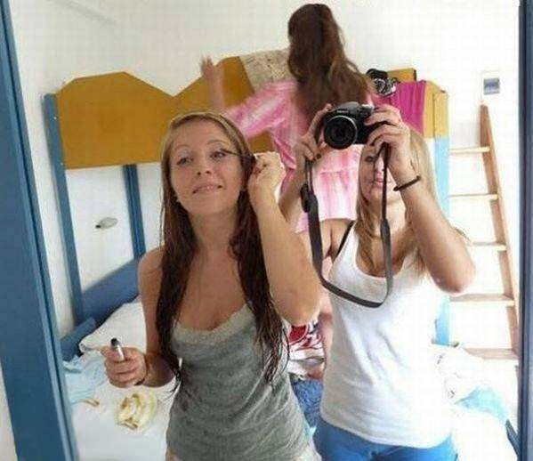 Did you see the bare butt of the girl in the background? If you did see that in the picture, you need to have your eyes checked, as that is the shoulder of the girl holding the camera...