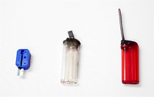 weapons : pencil shapener and two lighters