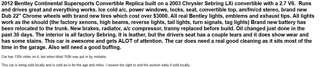 Bentley for Sale (slightly Sebring)