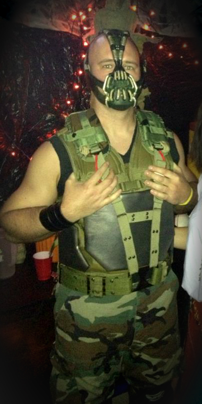 Me as Bane. Molle tactical vest, cotton webbing for straps, paracord for red cord, hand made brass buckle, paratrooper jump vest padded straps for shoulders, ect
