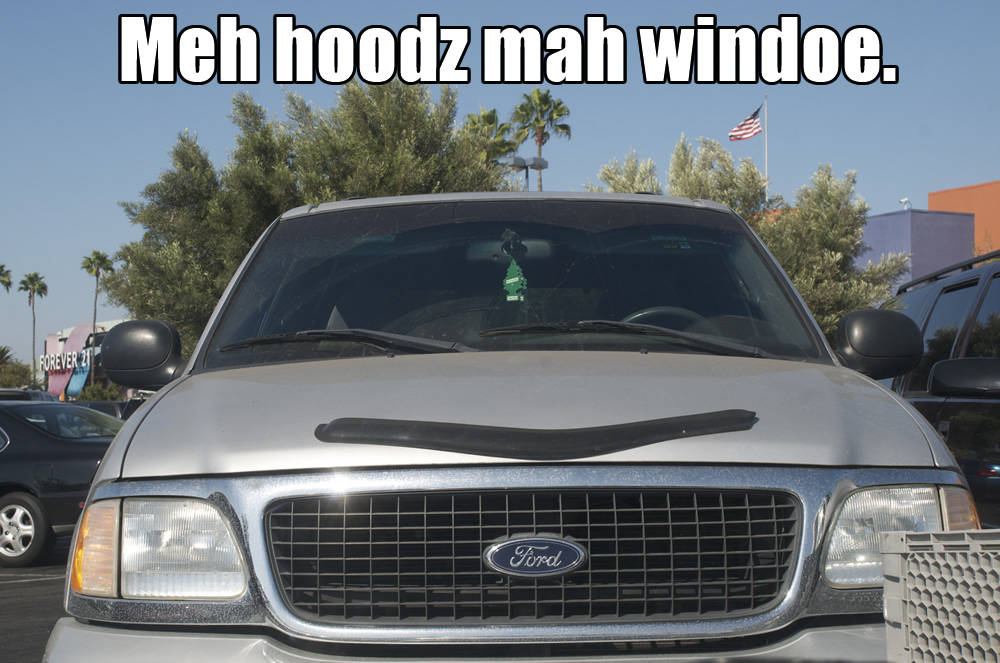 Some dumbass thought this window guard was for their hood. THIS IS REAL. I took this pic at the Walmart parking lot in Anaheim.