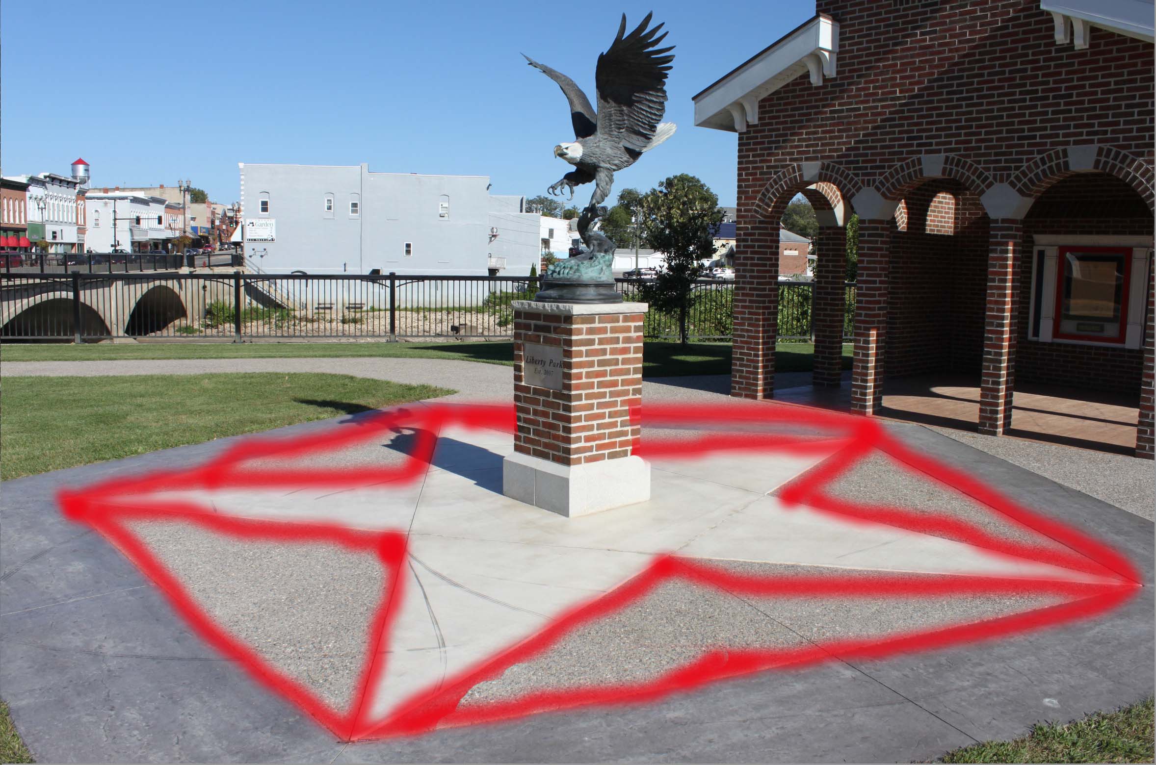  If you look around the edges of the statue, you will see a pentagram that I highlighted very clearly. Make no mistake, its there. My previous gallery showed a swastika in the old Independence, IA townhall. Now this. What other wonderful satanic and evil insignias dot this town? Stay tuned.