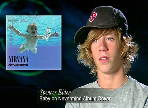 The baby on the cover of Nirvana's Nevermind album is the image of a three-month-old infant named Spencer Elden, the son of the photographers friend. Spencer is now 21 years old