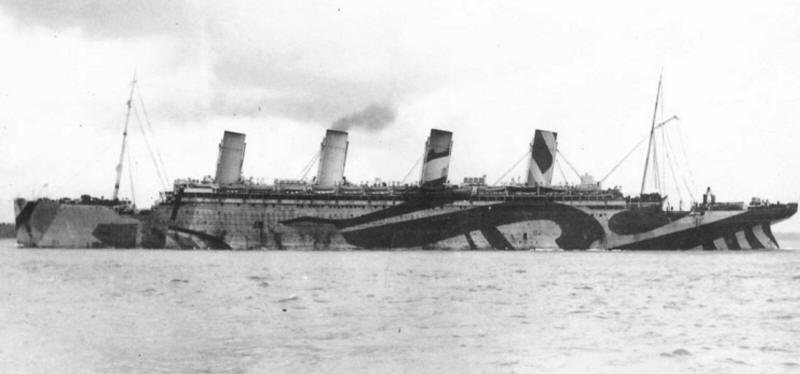 The RMS Olympic, the Titanic's sister ship, in wartime camouflage in 1915.