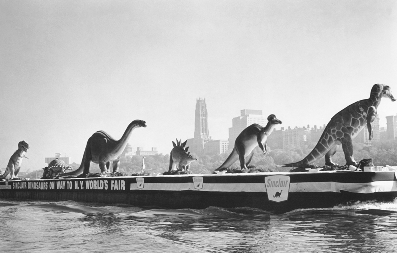 Dinosaurs are transported on the Hudson River to the 1964 World's Fair.