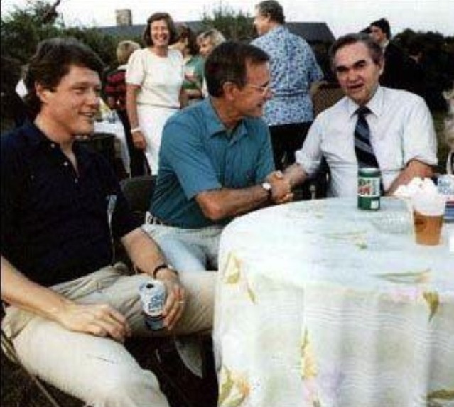 Future presidents Bill Clinton and George Bush with Governor George Wallace at a BBQ in 1983.