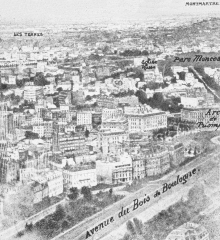 The earliest known aerial photograph, taken from a balloon over Paris in 1858.