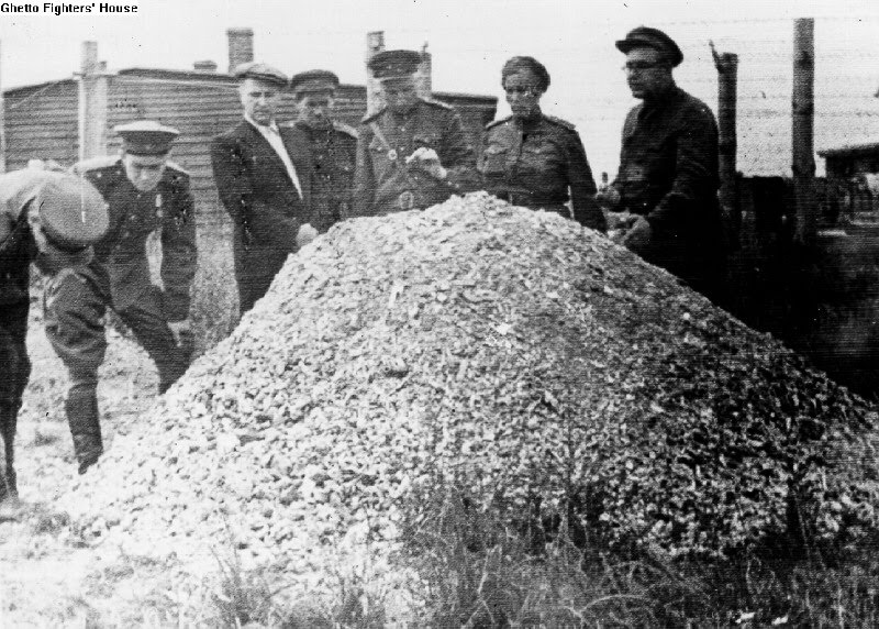 Soviet soldiers stand dumfounded at a large pile of human ashes found at the Majdanek concentration camp in 1944.