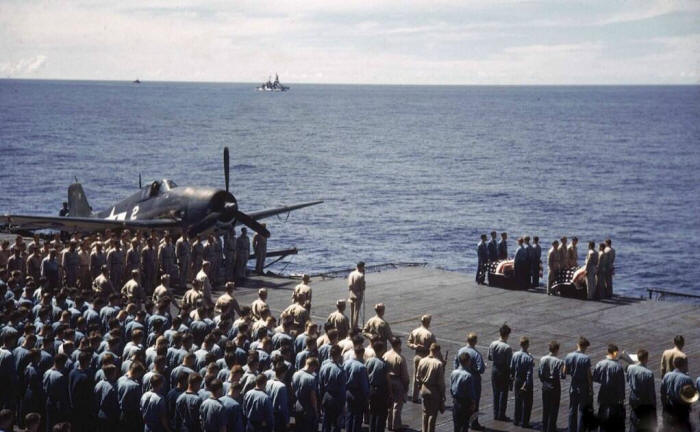 A burial at sea on board the USS Lexington in 1944.