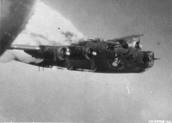 The fuel tanks of the B-24H Liberator "Little Warrior" explode over Germany after being hit by anti-aircraft guns in 1944.