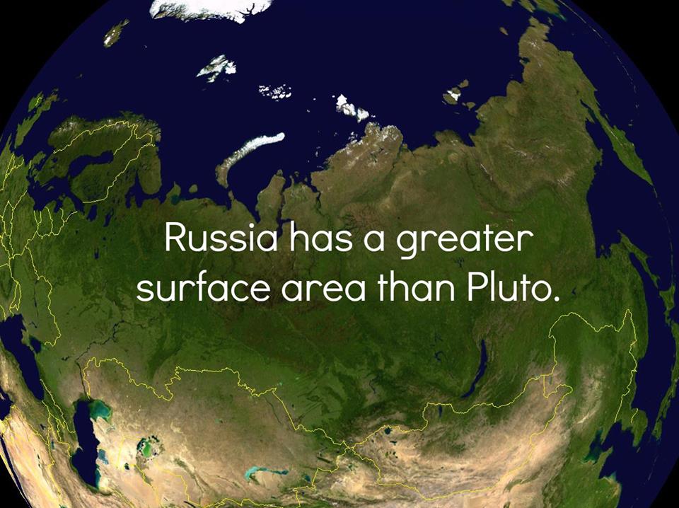 Russia has a surface area of roughly 17 million square kilometers, while Pluto's is about 16.6 million square kilometers.