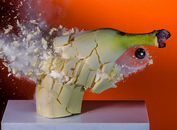 A banana, frozen with liquid nitrogen is shot at with a large BB