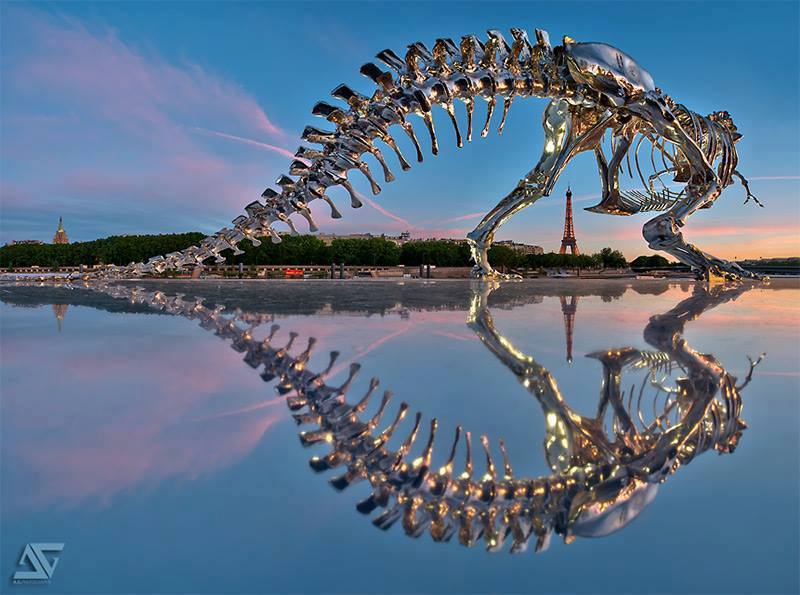 This incredible giant chrome T-rex skeleton was installed last year next to the Seine River in Paris